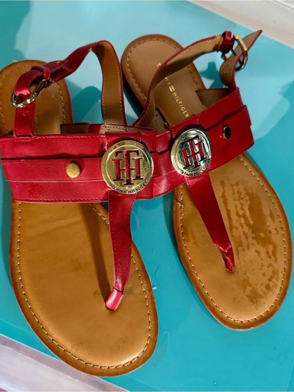Tommy Hilfiger Red Leather Logo T-Strap Sandals